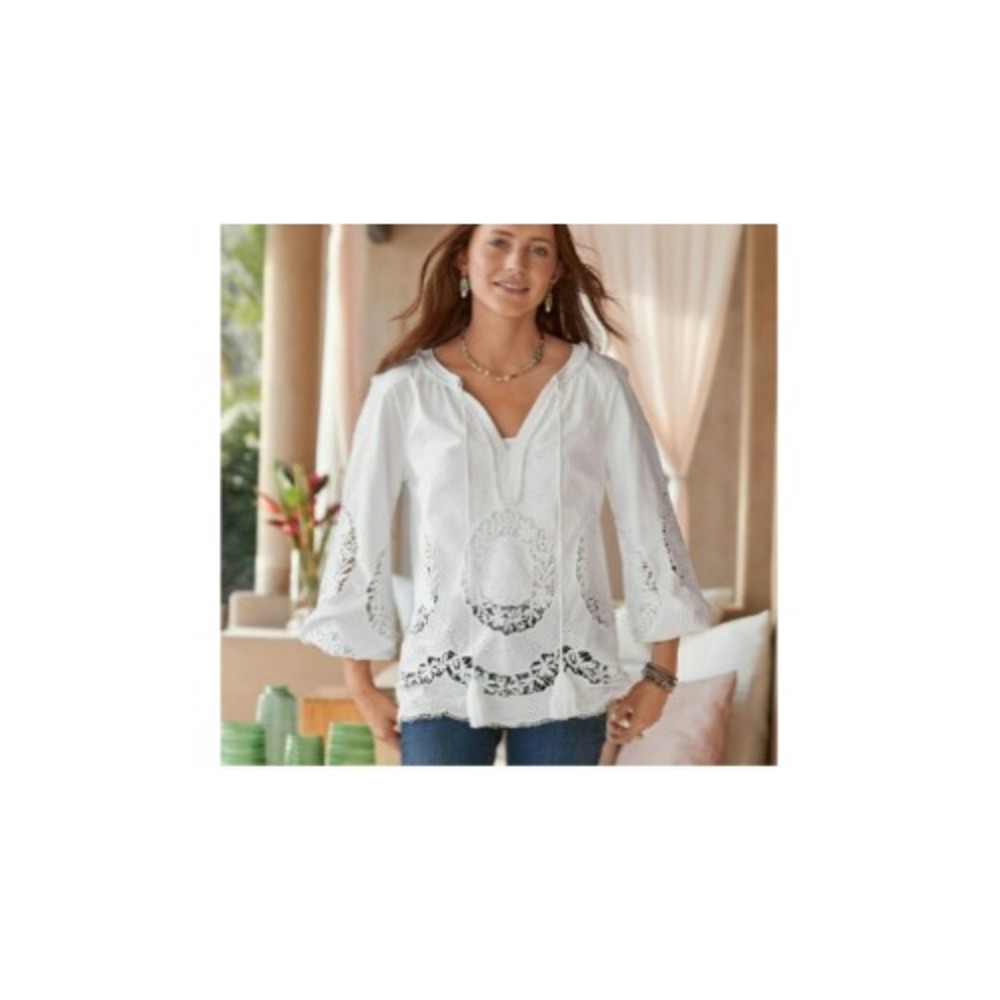 SUNDANCE Blouse Womens M White Lace Eyelet Crochet Tassel V-Neck‎ Beach Cotton